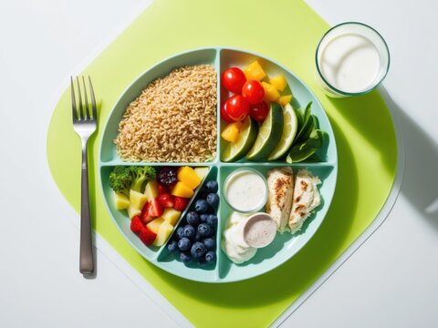 A vibrant plate featuring a variety of fresh fruits, grains, and nuts. The assortment includes kiwi, berries, and citrus, creating a colorful and nutritious mea