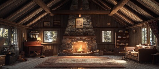 Cozy cabin interior with a fireplace, wooden beams, and a large rug in the middle of the room. The windows are overlooking a forest.