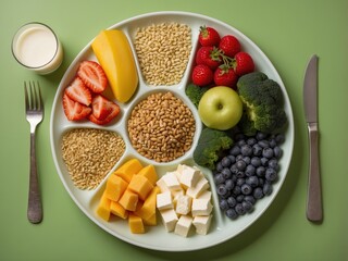 A vibrant plate featuring a variety of fresh fruits, grains, and nuts. The assortment includes kiwi, berries, and citrus, creating a colorful and nutritious mea