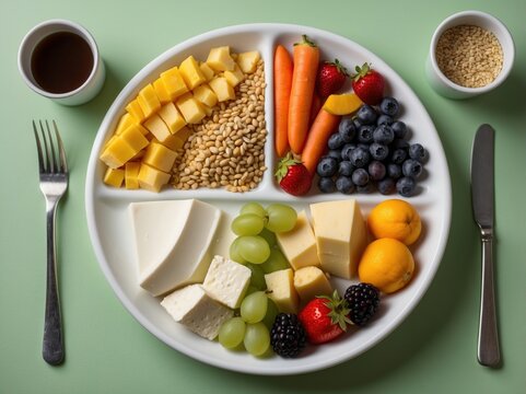 A vibrant plate featuring a variety of fresh fruits, grains, and nuts. The assortment includes kiwi, berries, and citrus, creating a colorful and nutritious mea