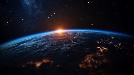 Obraz premium Stunning view of sunrise over Earth with stars and clouds.