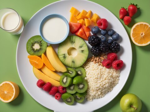 A vibrant plate featuring a variety of fresh fruits, grains, and nuts. The assortment includes kiwi, berries, and citrus, creating a colorful and nutritious mea