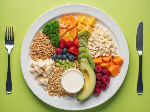 A vibrant plate featuring a variety of fresh fruits, grains, and nuts. The assortment includes kiwi, berries, and citrus, creating a colorful and nutritious mea