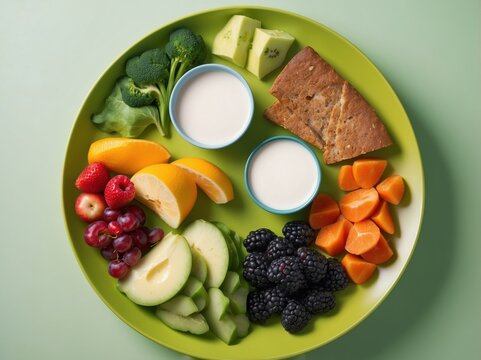 A vibrant plate featuring a variety of fresh fruits, grains, and nuts. The assortment includes kiwi, berries, and citrus, creating a colorful and nutritious mea