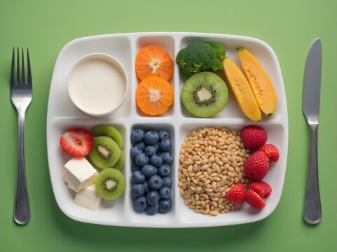 A vibrant plate featuring a variety of fresh fruits, grains, and nuts. The assortment includes kiwi, berries, and citrus, creating a colorful and nutritious mea