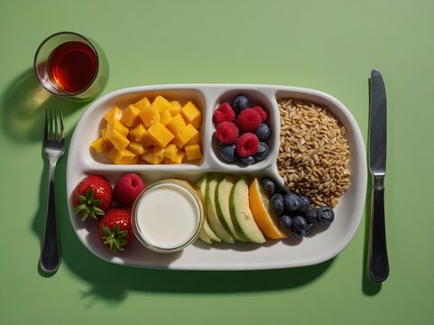 A vibrant plate featuring a variety of fresh fruits, grains, and nuts. The assortment includes kiwi, berries, and citrus, creating a colorful and nutritious mea