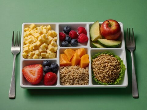 A vibrant plate featuring a variety of fresh fruits, grains, and nuts. The assortment includes kiwi, berries, and citrus, creating a colorful and nutritious mea
