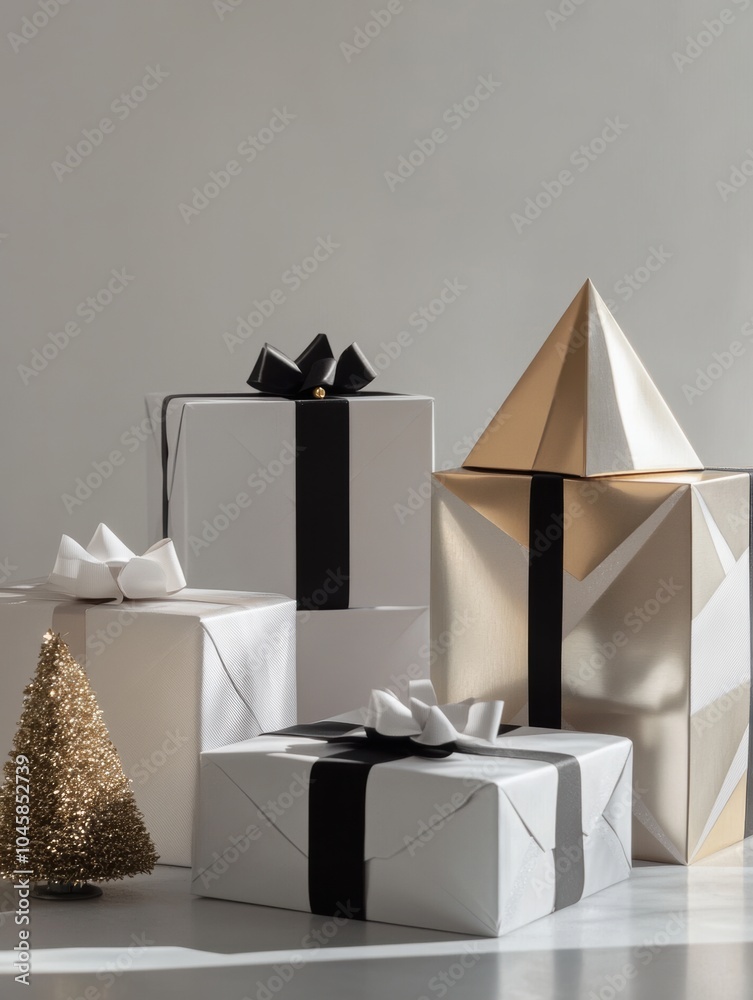 Poster an elegant display of geometric gift boxes featuring monochrome colors and sophisticated designs enh