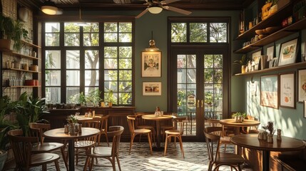 Fototapeta premium A cozy cafe interior with wooden furniture, large windows, and shelves stocked with goods.