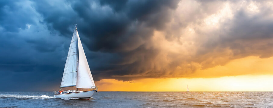 Sailing yacht navigating away from a looming storm under a dramatic sunset sky