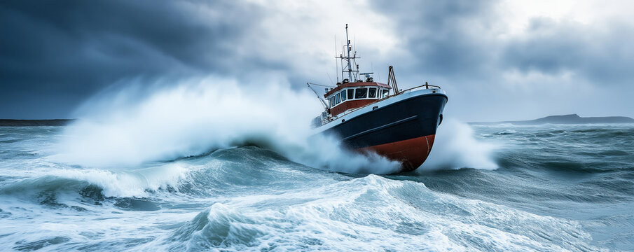 Fishing boat is sailing on a stormy sea with big waves under a dark cloudy sky - Powered by Adobe