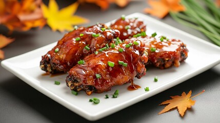 Buffalo wings drizzled with maple syrup, isolated on a white ceramic plate, decorated with chopped chives and maple leaves