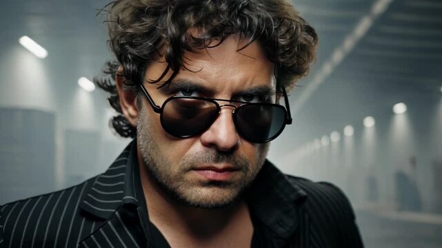 Intense close-up of a menacing man in sunglasses and pinstripe suit against blurred industrial backdrop. Slow zoom in heightens ominous cinematic feel.

