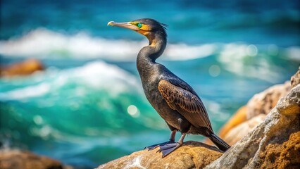 Fototapeta premium Socotra cormorant perched on limestone rock with water in the backdrop Close-Up