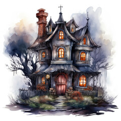 Watercolor painting of one single haunted house isolated on white background. Clipart Ideal for halloween or horror projects. Scary creature.