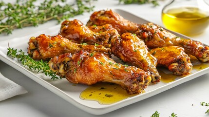 Fototapeta premium Buffalo wings with a honey glaze, arranged on a white ceramic plate, decorated with honey drizzle and fresh thyme leaves