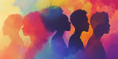 A colorful background with silhouettes of people's heads in various colors, representing diversity and multicultural design for the site's graphic elements Generative AI