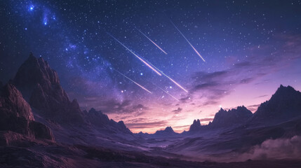 Shooting stars glowing in the night atmosphere, leaving behind beautiful meteor trails in a celestial landscape