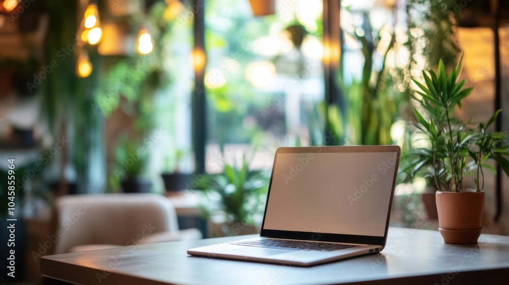 Poster a sleek laptop rests on a wooden surface amidst greenery and soft lighting, creating a serene and in