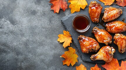 Buffalo wings with a sweet maple glaze, isolated on a gray stone surface, surrounded by maple leaves and a drizzle of syrup