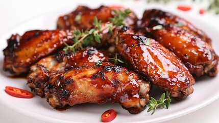 Buffalo wings with a tangy BBQ glaze, isolated on a white ceramic plate, garnished with fresh thyme and red chili slices
