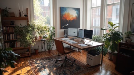 Fototapeta premium A modern home office with a wooden desk, three monitors, a leather chair, a rug, plants, and natural light.