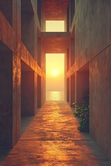 Fototapeta premium A serene scene featuring a minimalist concrete corridor at sunset. The warm golden hues reflect off the smooth surfaces, creating a tranquil atmosphere by the water.