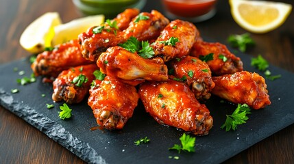 Fototapeta premium Crispy Buffalo wings coated in a tangy sauce, placed on a dark slate board, garnished with fresh parsley and lemon wedges