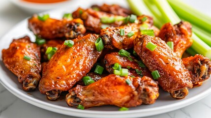 Fototapeta premium Extra spicy Buffalo wings arranged on a white porcelain plate, isolated with celery sticks and a sprinkle of fresh green onions