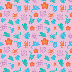 Colorful Floral and Leaf Seamless Pattern on Pink Background. Concept of Nature Illustration, Botanical Elements, Bright Flowers, Vibrant Leaves. Design for Fabric, Wallpaper or Wrapping Paper