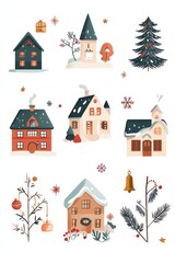 Fototapeta premium Charming Christmas icons featuring cozy houses and festive elements in a whimsical style