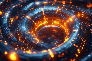 Obraz premium An abstract futuristic design featuring glowing orange and blue circular patterns, creating a mesmerizing light effect with dynamic glowing particles, evoking a sense of depth and technology.