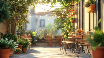 Obraz premium A charming outdoor cafe patio with tables and chairs, illuminated by string lights in the warm afternoon sun.