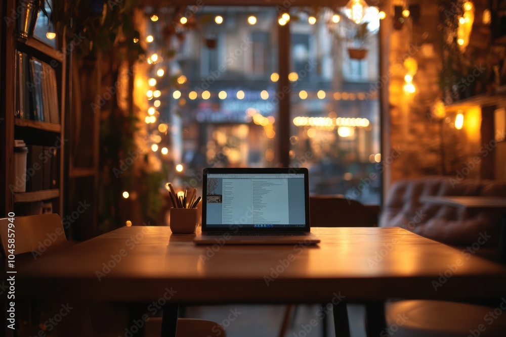 Leinwandbilder a laptop rests on a rustic wooden table in a cozy café, surrounded by warm ambient lighting, creatin