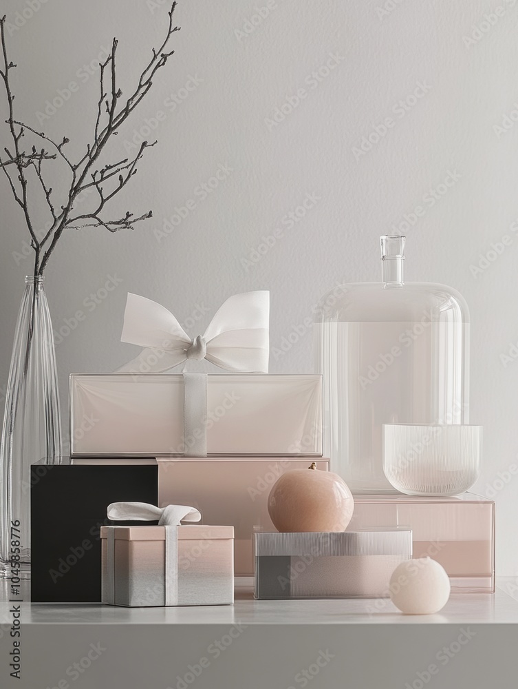 Aufkleber A collection of clear geometric gift boxes is displayed with delicate decor elements, creating a peaceful and inviting atmosphere. Generative AI