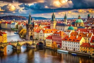 Obraz premium Stunning Aerial View of Charles Bridge and Gothic Architecture in Prague, Czech Republic - December Cityscape