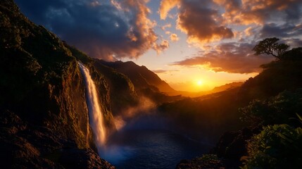 Dramatic sunset over a cascading waterfall in a lush green valley.