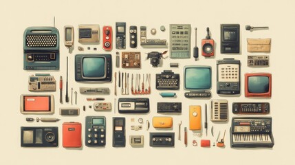 A collection of vintage electronic devices and gadgets arranged in a grid on a white background.