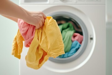 Person loading colorful clothes into a washing machine, with bright natural light filling the room, Laundry loading, Everyday life