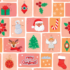 Mosaic seamless pattern with Christmas symbols.Festive cartoon background with Santa, deer, decorations,fir tree, gift, stick, snowflakes, holly, angel,sock,snowman.Vector flat color designs set. 