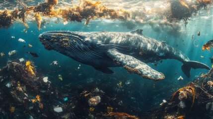 Humpback whale swimming through kelp forests with marine debris in clear ocean waters during a sunny day