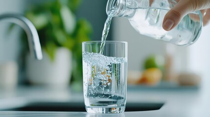 Person pouring crystal-clear water from a countertop water filter into a glass, soft natural lighting, Countertop water filter, Daily hydration