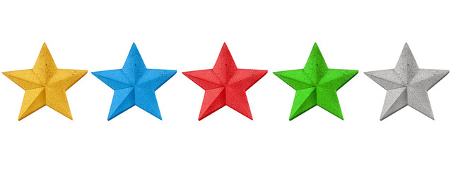 Five colorful Christmas star ornaments in blue, gold, green, silver, and red, isolated on white with clipping path.