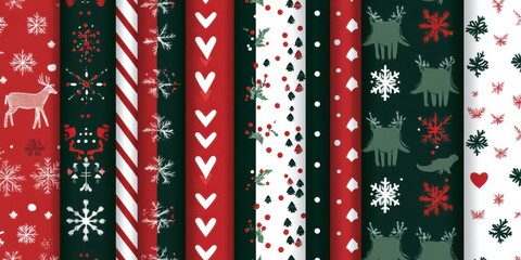 Christmas-themed pattern designs featuring festive elements such as reindeer, snowflakes, hearts, and trees on colorful backgrounds