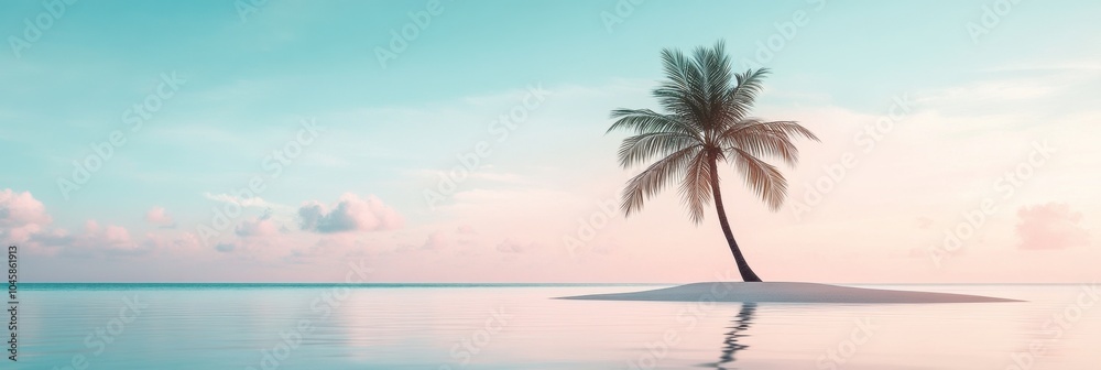 Poster a tranquil tropical island showcases a solitary palm tree, reflecting in the still waters under a pa