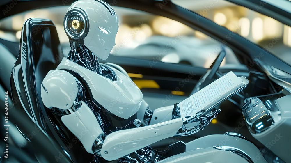 Canvas Prints futuristic robot reads in sleek self-driving vehicle.