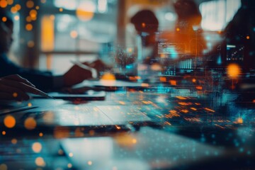 Business Meeting with Data Visualization Overlays: Collaboration, Analysis, and Strategic Planning in a Modern Office Environment