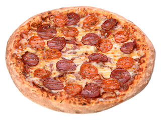 Pizza Margarita with sausage isolated on a white background. Side view
