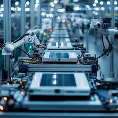 Fototapeta premium Robotic arms assembling circuit boards in a high-tech manufacturing facility