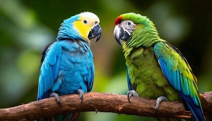 Obraz premium Two parrots are perched on a branch, one green and one blue. Vibrant blue and green macaws perched on a branch in a lush green tropical garden. Birds are brightly colored and have intricate patterns